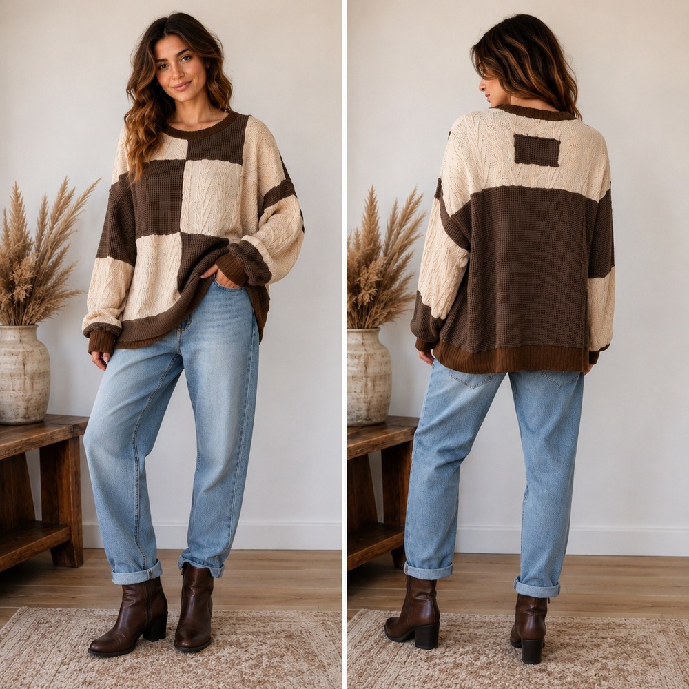 J. HER Patchwork Sweater Women L Brown Cream Cable Knit Waffle ColorBlock